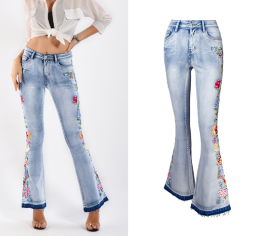 Womens Chic Floral Embroidered High-Rise Bell Bottom Flare Jeans Broad, Denim