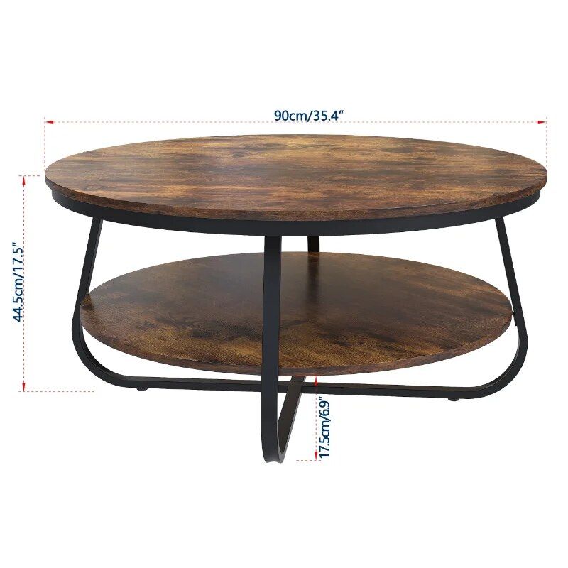 38.5" Rustic Round Coffee Table with Open Storage and Sturdy Metal Legs