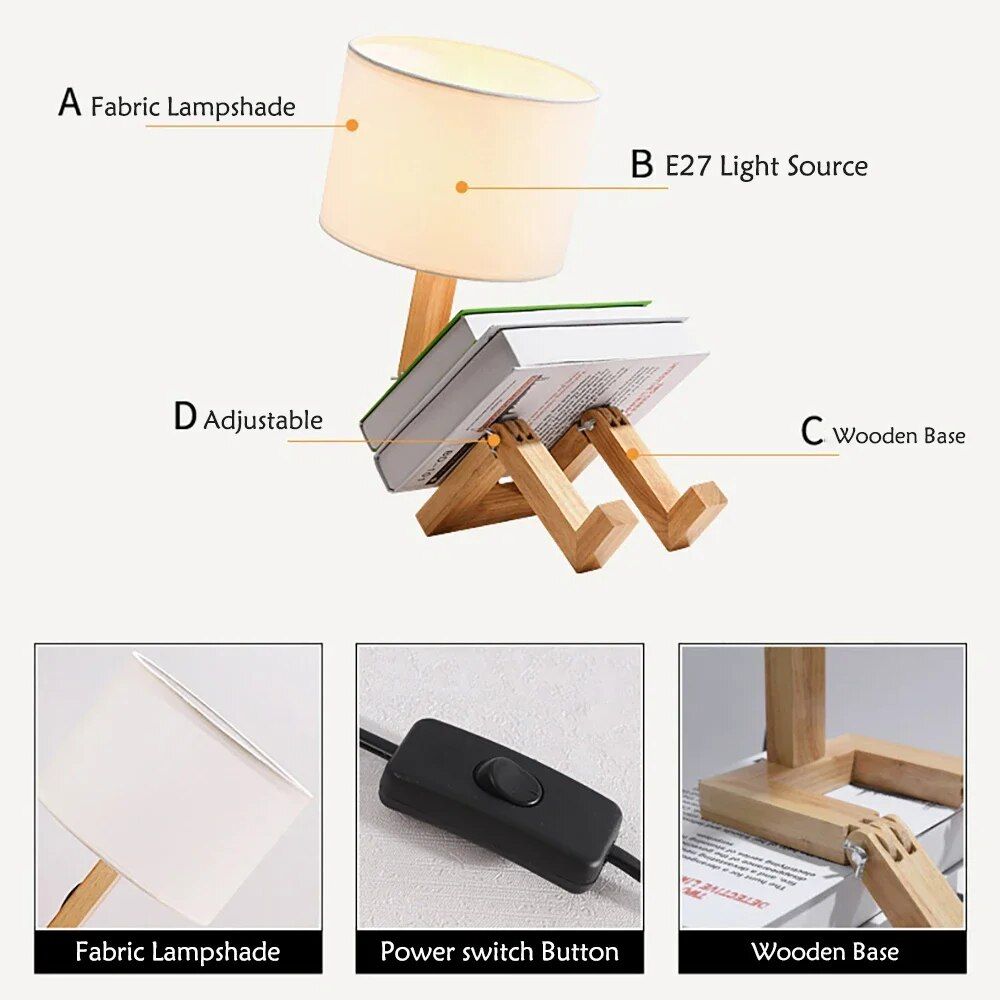 Modern Nordic Wooden Robot LED Table Lamp - Artistic Desk Light for Eye Protection