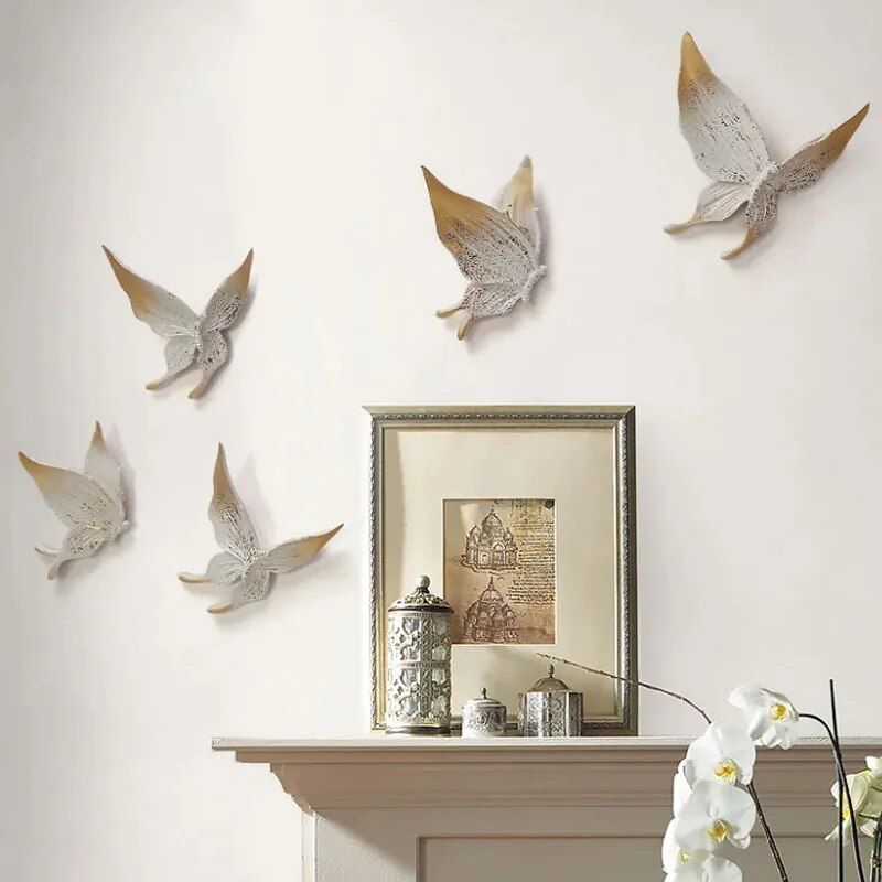 Elegant 5-Piece White & Gold 3D Butterfly Wall Decor - Resin Sculptures for Home