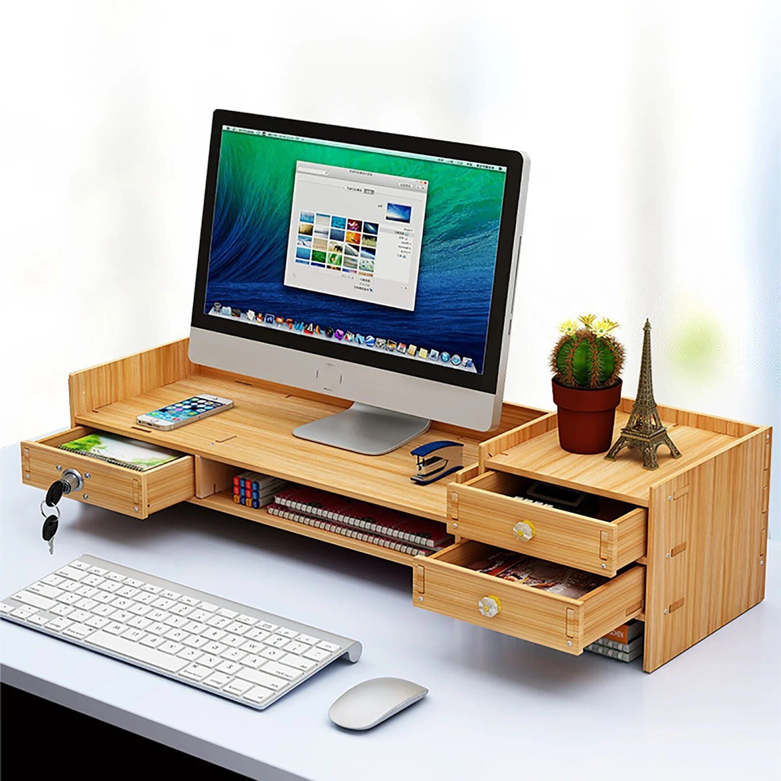 Cherry Wood Desktop Organizer with Drawers for Office and Home