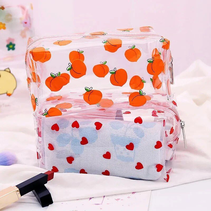 Trendy Transparent Strawberry Flower Cosmetic Bag