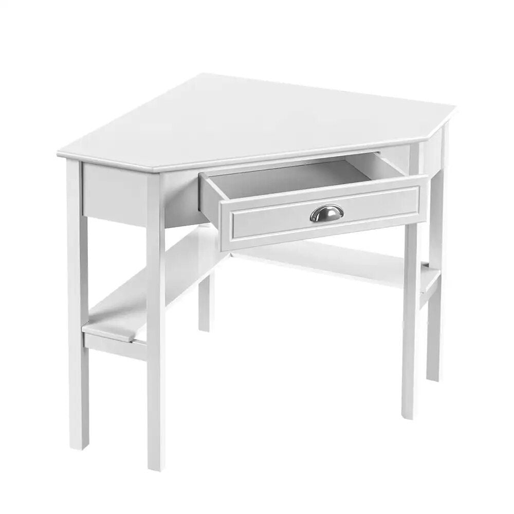 White Corner Writing Desk with Storage Drawer and Shelves