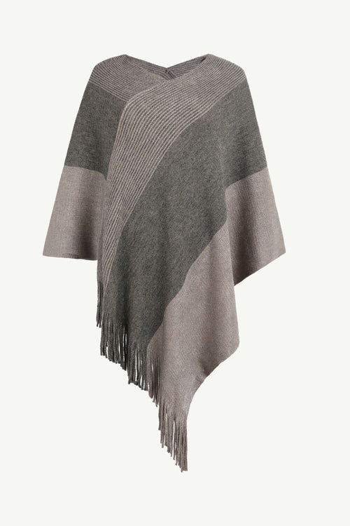 Color Block Fringe Hem V-Neck Poncho