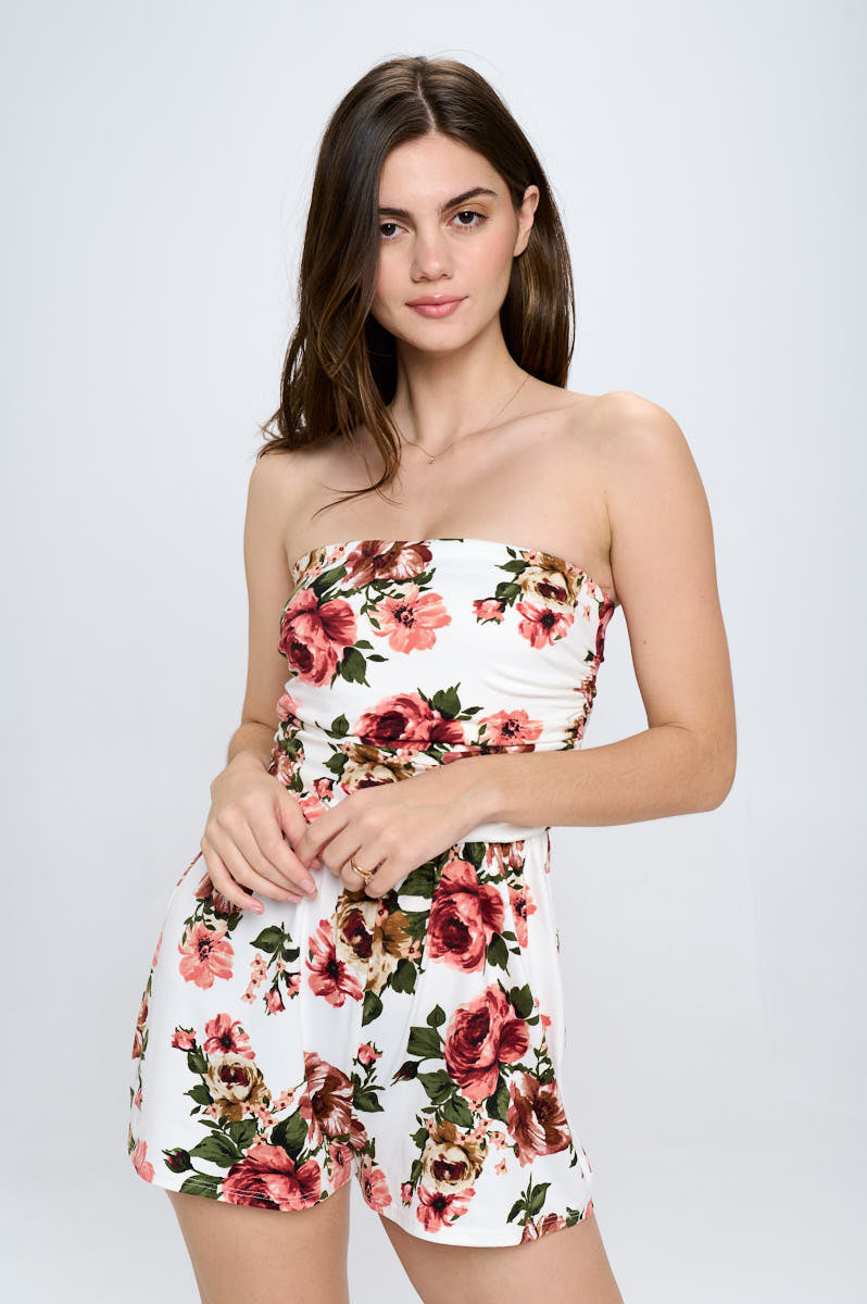 Strapless romper with DTY floral