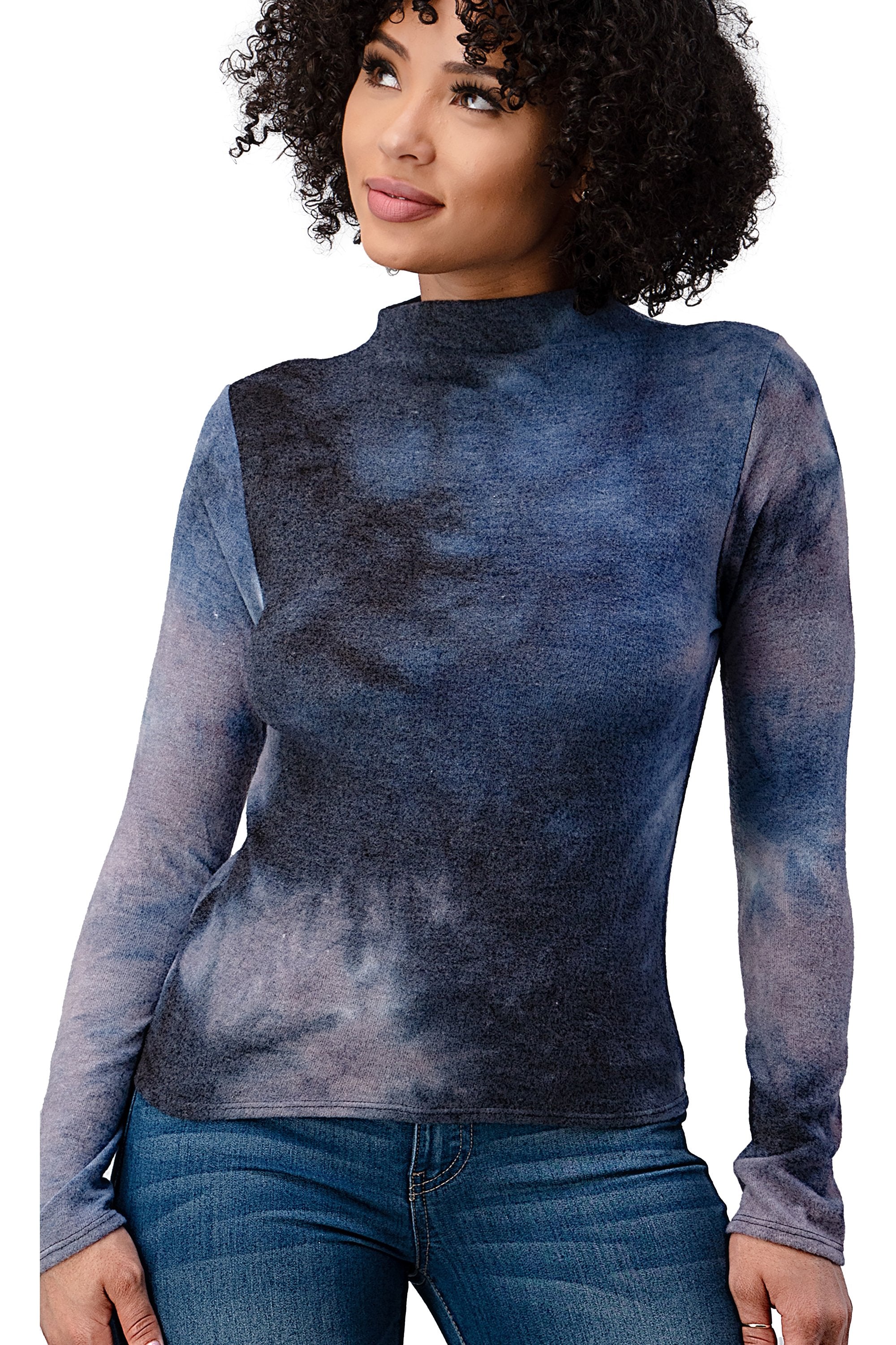 Brushed Knit Tie Dye Printed Mock Neck Long Sleeve Top