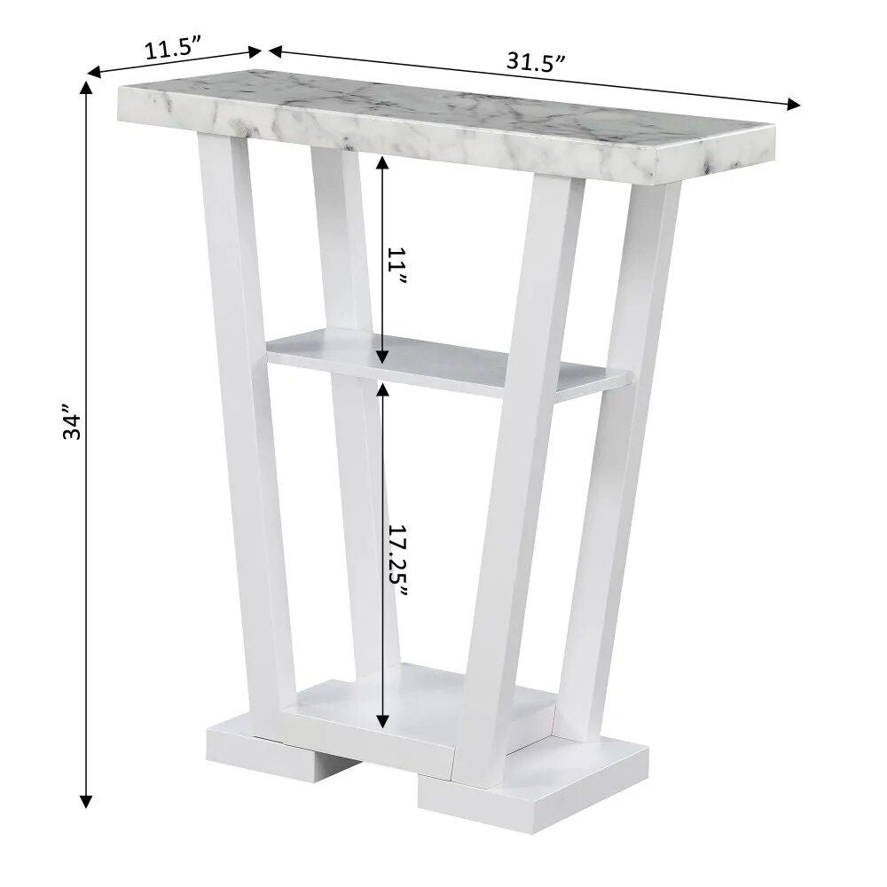 Modern White Faux Marble Console Table with Shelving