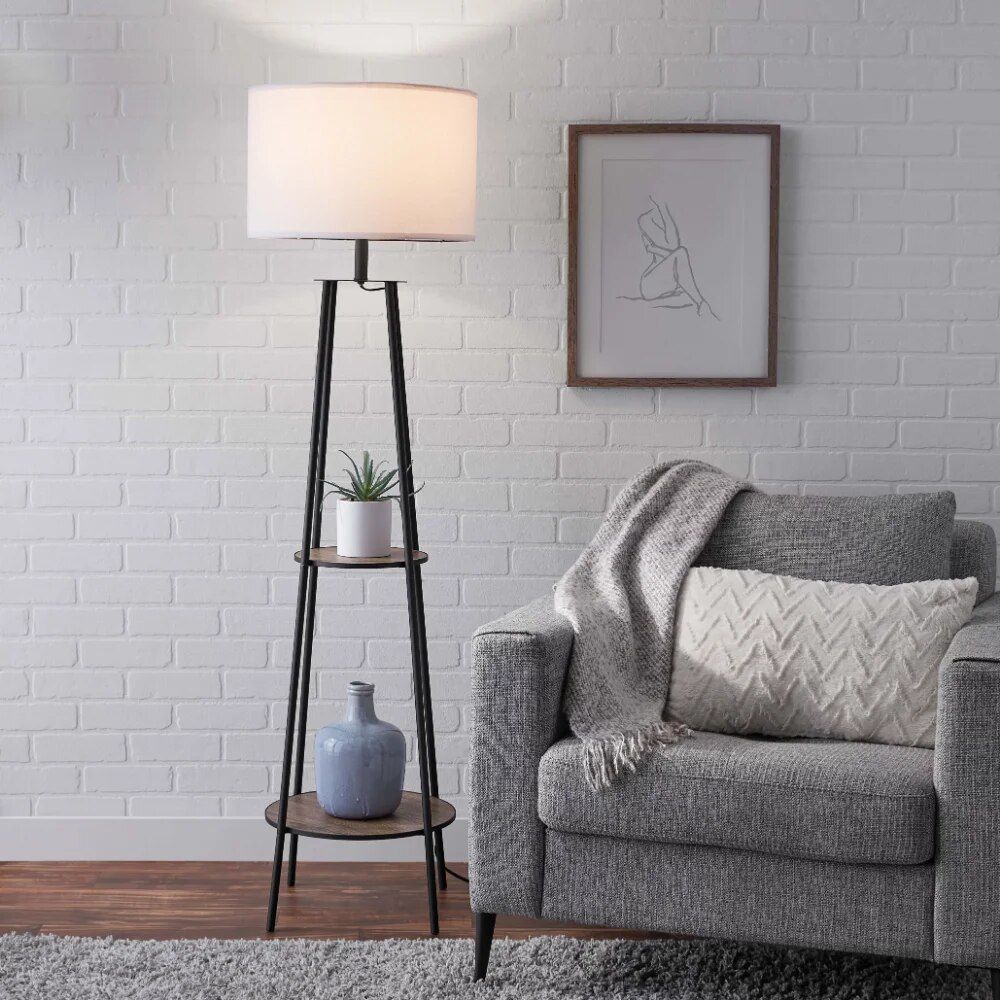 Elegant Black Floor Lamp with Wooden Shelves and LED Bulb