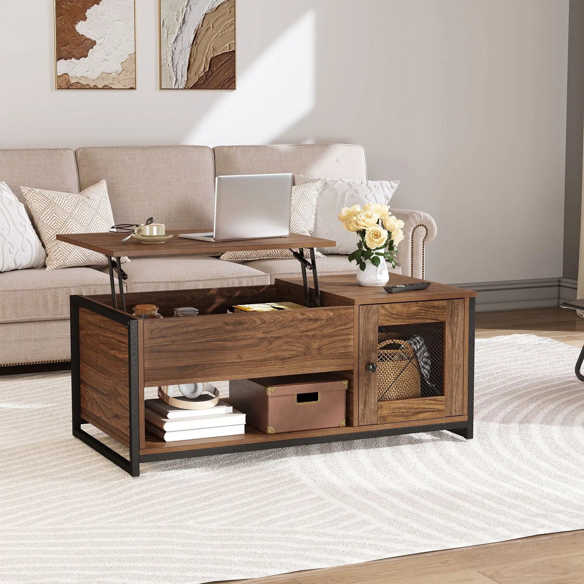 Modern Morocco Lift-Top Coffee Table with Hidden Storage, Brown