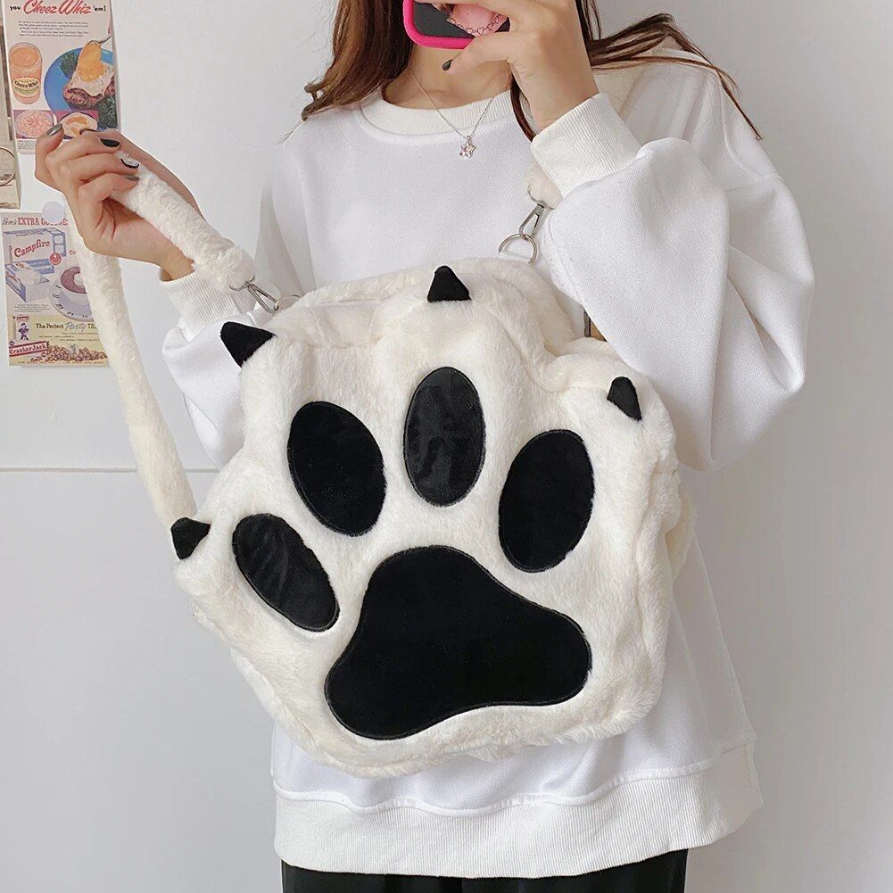 Cute Kawaii Cat Paw Plush Backpack - Soft Fluffy Casual Schoolbag for Girls