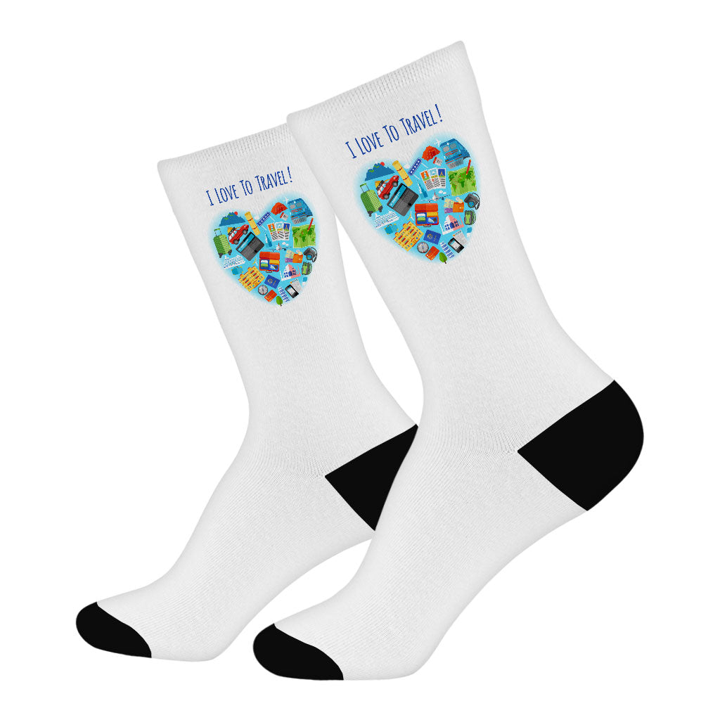 I Love to Travel Socks - Heart Novelty Socks - Colorful Crew Socks