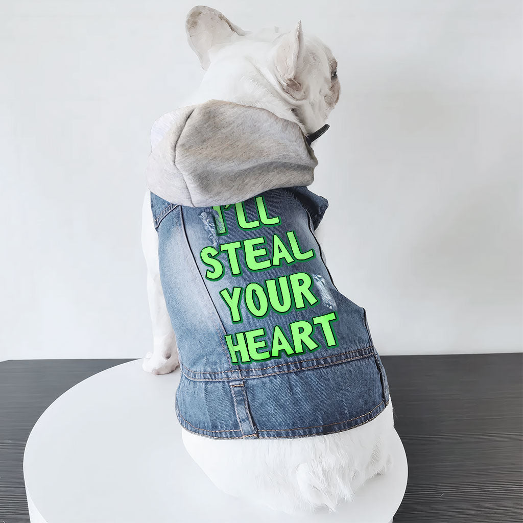 I'll Steal Your Heart Dog Denim Jacket - Art Print Dog Denim Coat - Word Design Dog Clothing