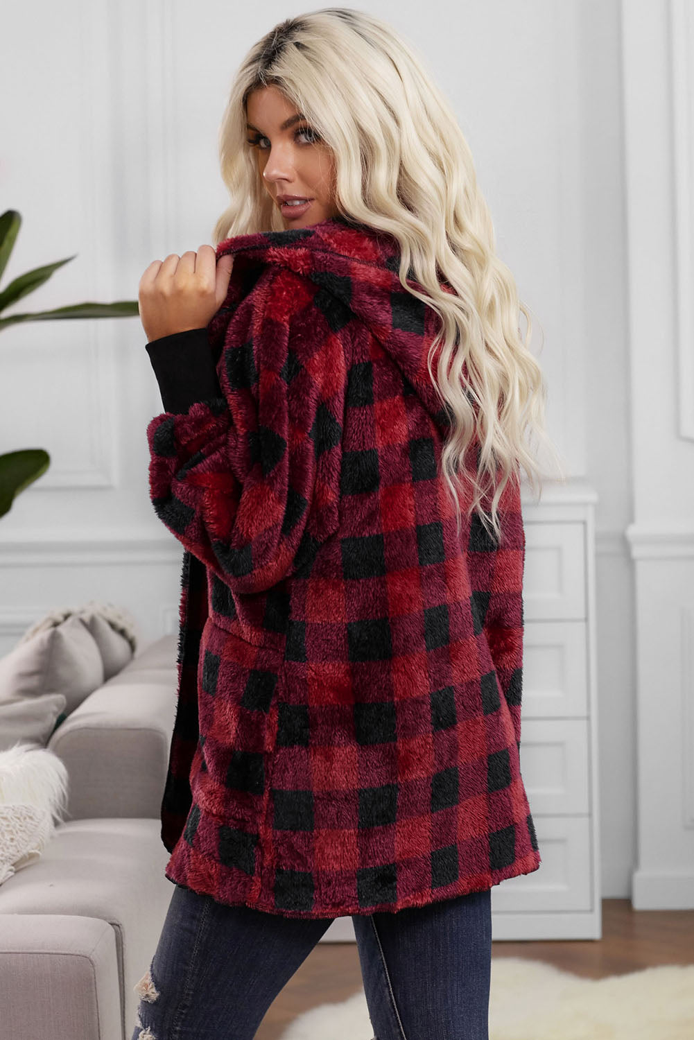 Plaid Fuzzy Fleece Open Front Hooded Jacket