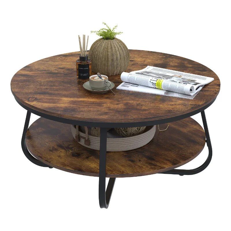 38.5" Rustic Round Coffee Table with Open Storage and Sturdy Metal Legs