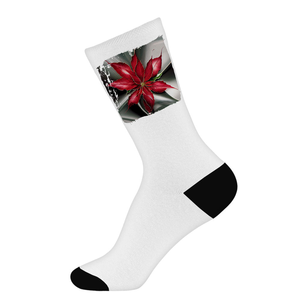 Poinsettia Christmas Socks - Art Novelty Socks - Graphic Crew Socks