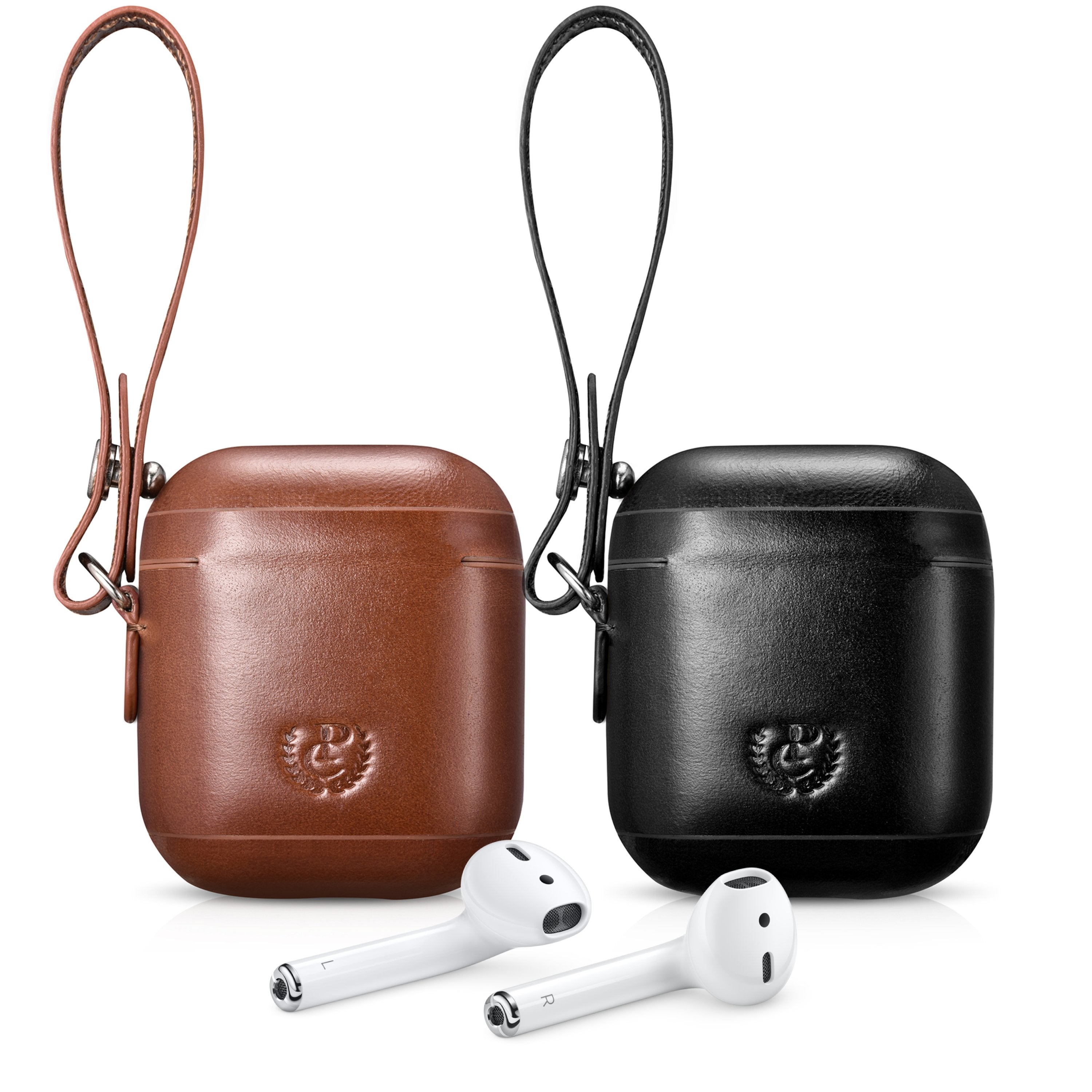 Custom AirPods 1 and 2 Case Black or Brown Leather with Keychain Strap