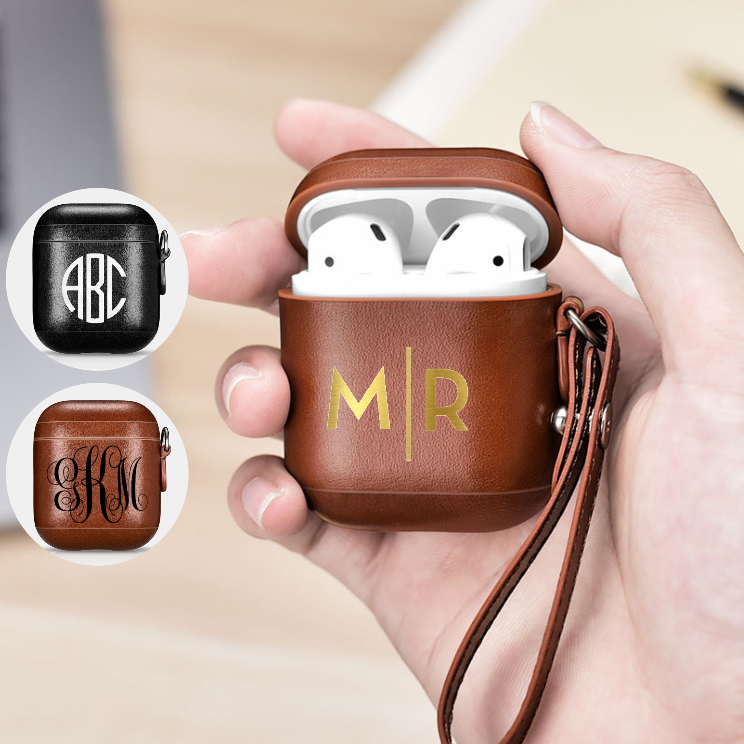 Custom AirPods 1 and 2 Case Black or Brown Leather with Keychain Strap