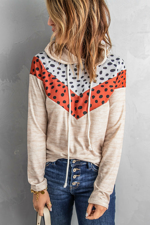 Dotted Color Block Chevron Drawstring Detail Hoodie