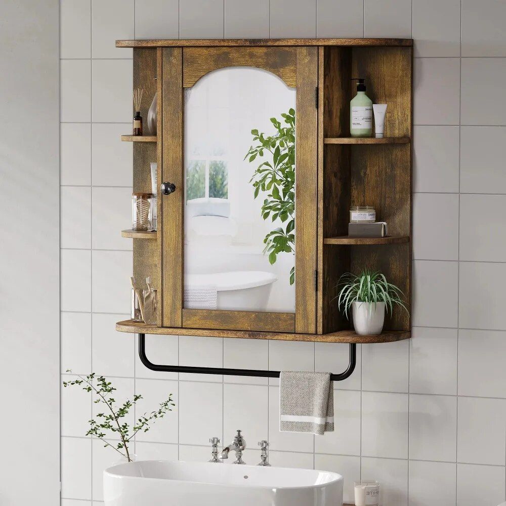 Wall-Mounted Brown Mirror Cabinet with Removable Shelf