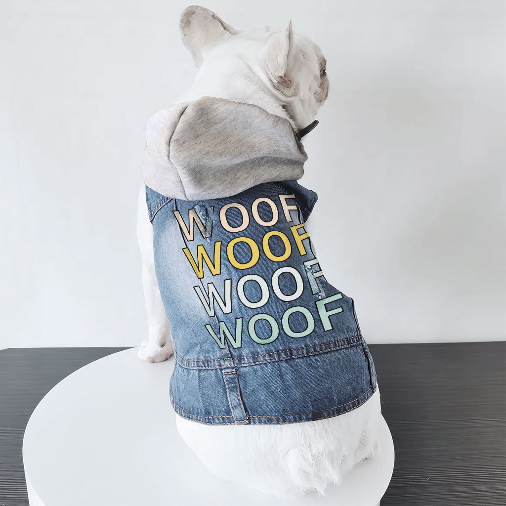 Woof Dog Denim Jacket - Word Art Dog Denim Coat - Beautiful Dog Clothing