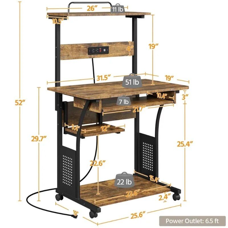 Multi-Functional 3-Tier Computer Desk with Charging Station & Printer Shelf