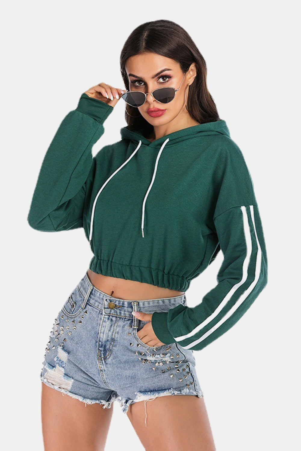 Full Size Side Stripe Elastic Waist Cropped Hoodie