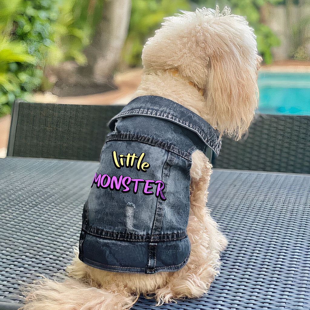 Little Monster Dog Denim Vest - Unique Dog Denim Jacket - Word Print Dog Clothing