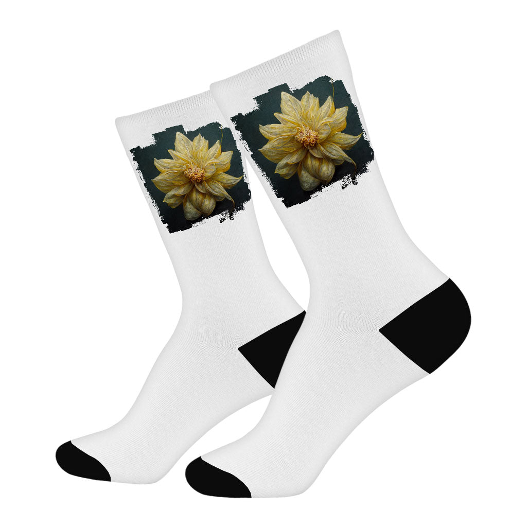 Dahlia Flower with Leaves Socks - Botanical Novelty Socks - Colorful Crew Socks