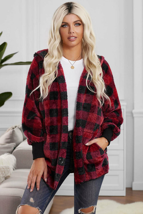 Plaid Fuzzy Fleece Open Front Hooded Jacket