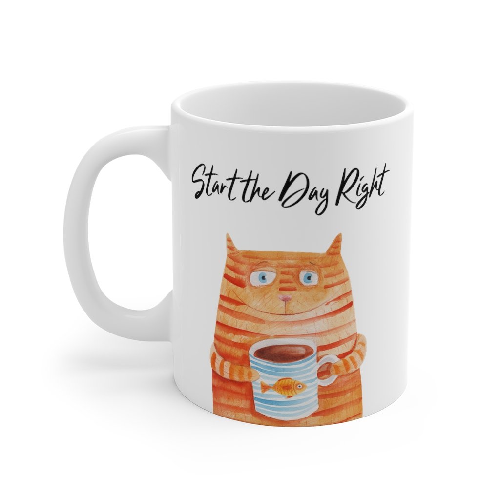 Start the Day Right Cat Holding Goldfish Coffee Tea Mug