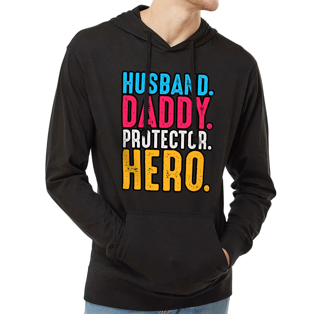 Husband Daddy Protector Hero Lightweight Jersey Hoodie - Cool Hooded Pullover - Printed Hoodie