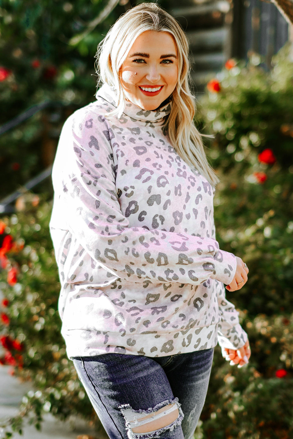 Plus Size Leopard Funnel Neck Sweatshirt