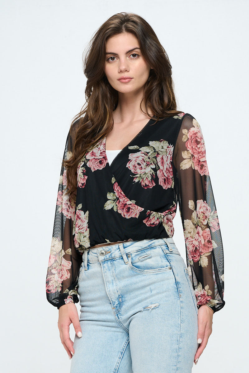 Floral mesh surplice blouse