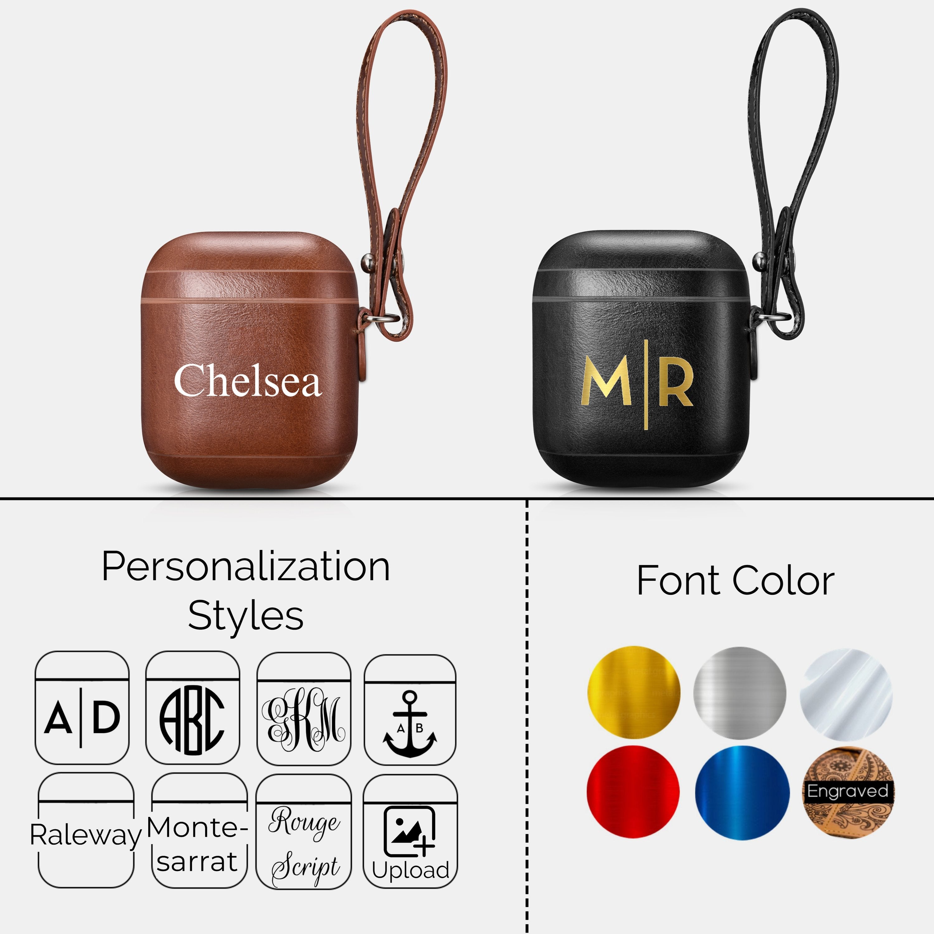 Custom AirPods 1 and 2 Case Black or Brown Leather with Keychain Strap