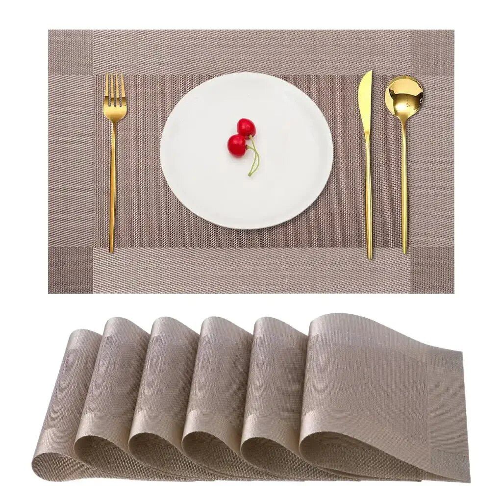 Classic Beige Vinyl Weave Placemats, 12"x18" Heat Resistant Table Mats - Set of 6