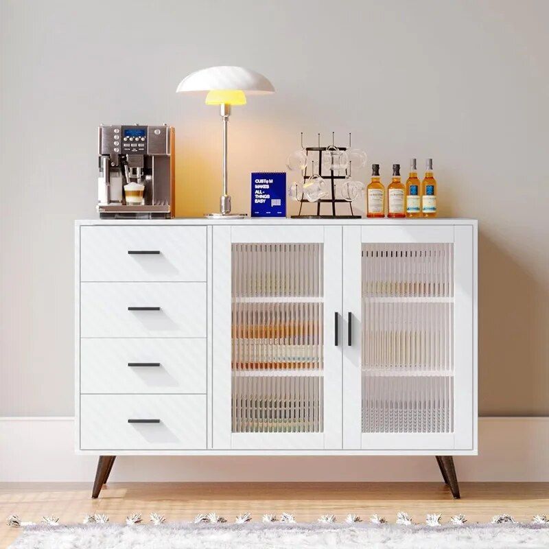 Elegant White Sideboard Buffet Cabinet with Tempered Glass Doors and Adjustable Shelves