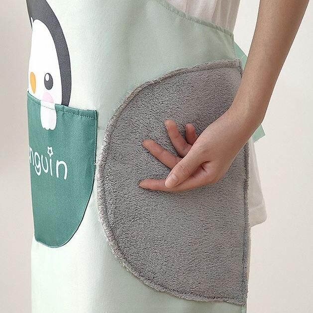 Charming Cartoon Animal Waterproof Apron with Big Pocket & Hand-Wiping Cloth