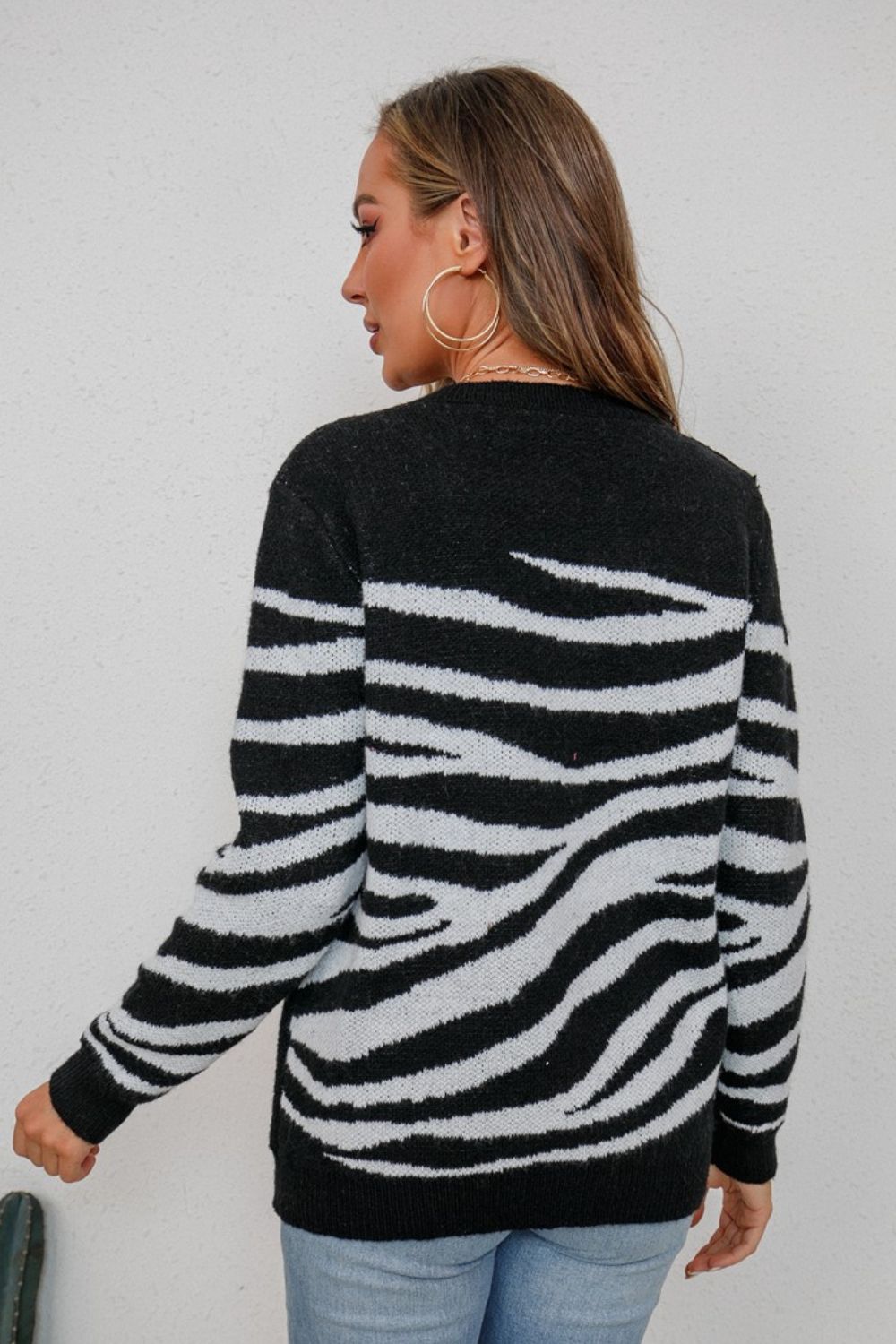 Animal Print Button Detail Crewneck Sweater