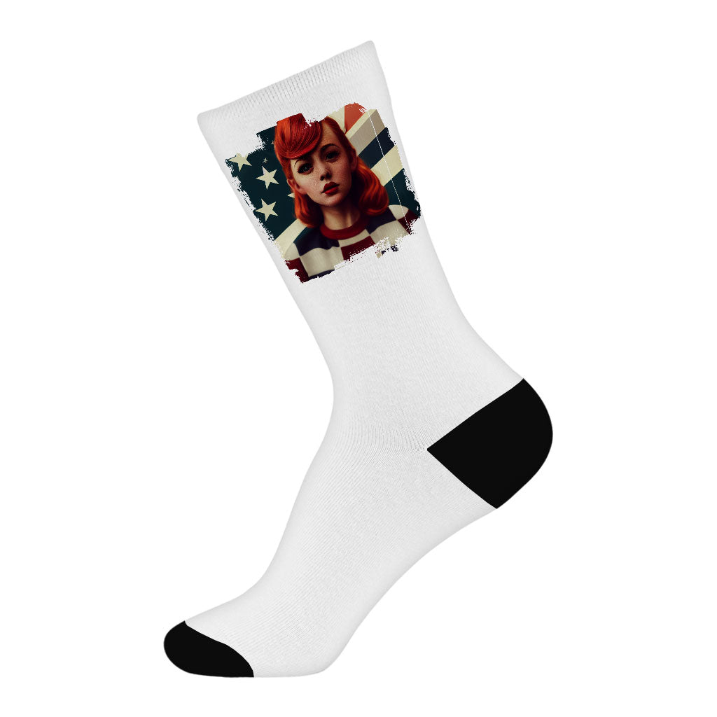 Girl Red Hair American Socks - Patriotic Novelty Socks - Art Crew Socks