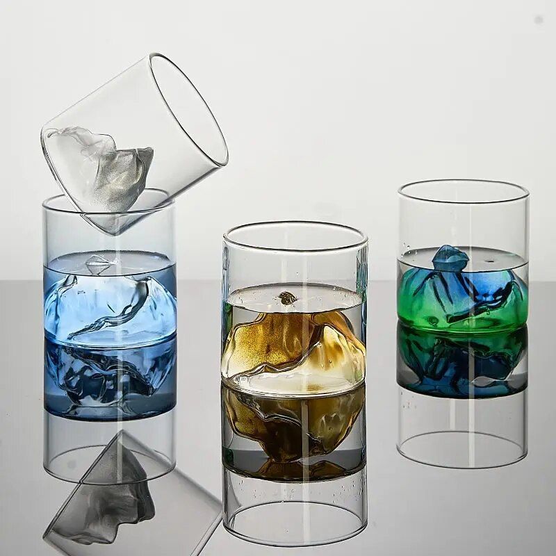 Elegant 3D Mountain Glass Whisky Cup - Artistic Fuji Design Drinkware