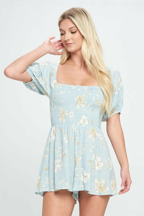 Romper with puff sleeve smock ditsy floral romper