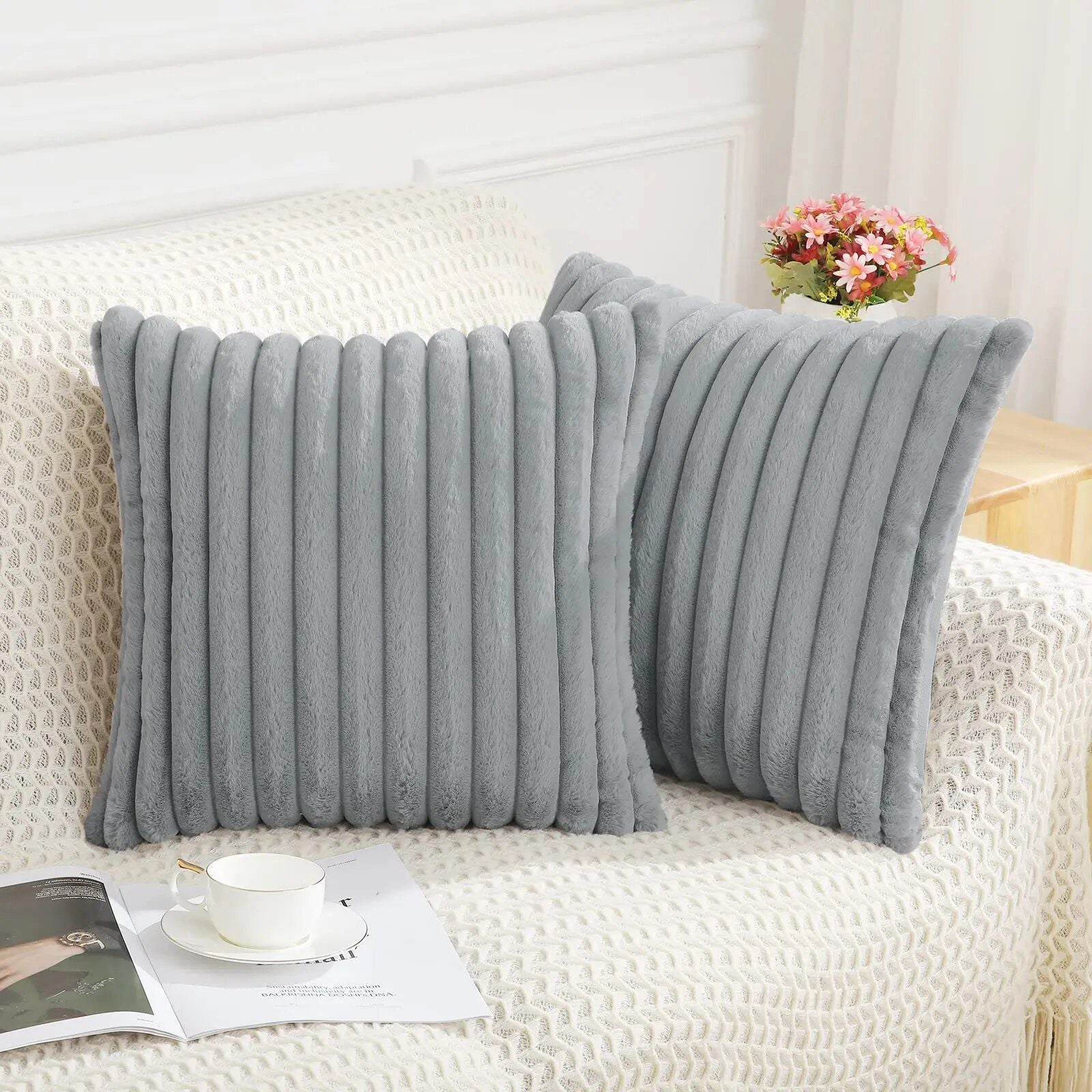 Luxury Striped Faux Fur Plush Cushion Cover