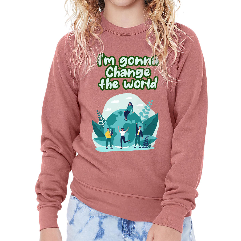 Change the World Kids' Raglan Sweatshirt - Motivational Quotes Sponge Fleece Sweatshirt - Illustration Sweatshirt