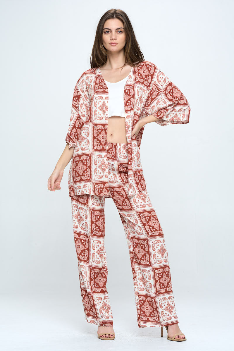 Boho check print 3/4 sleeve loose fit kimono and palazzo set