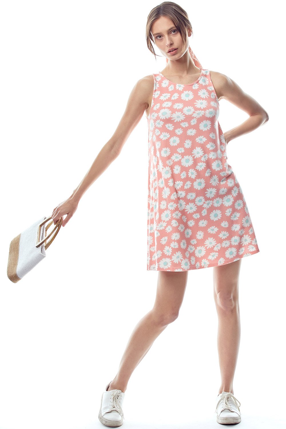 A Line Sleeveless Short Dress In Daisy Floral Knit