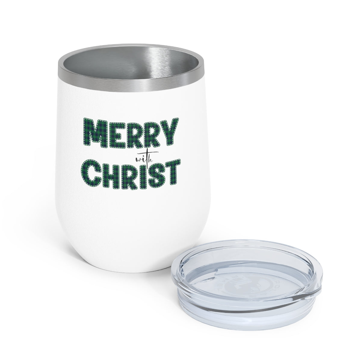 Insulated Tumbler - 12oz, Merry With Christ, Green Plaid Christmas