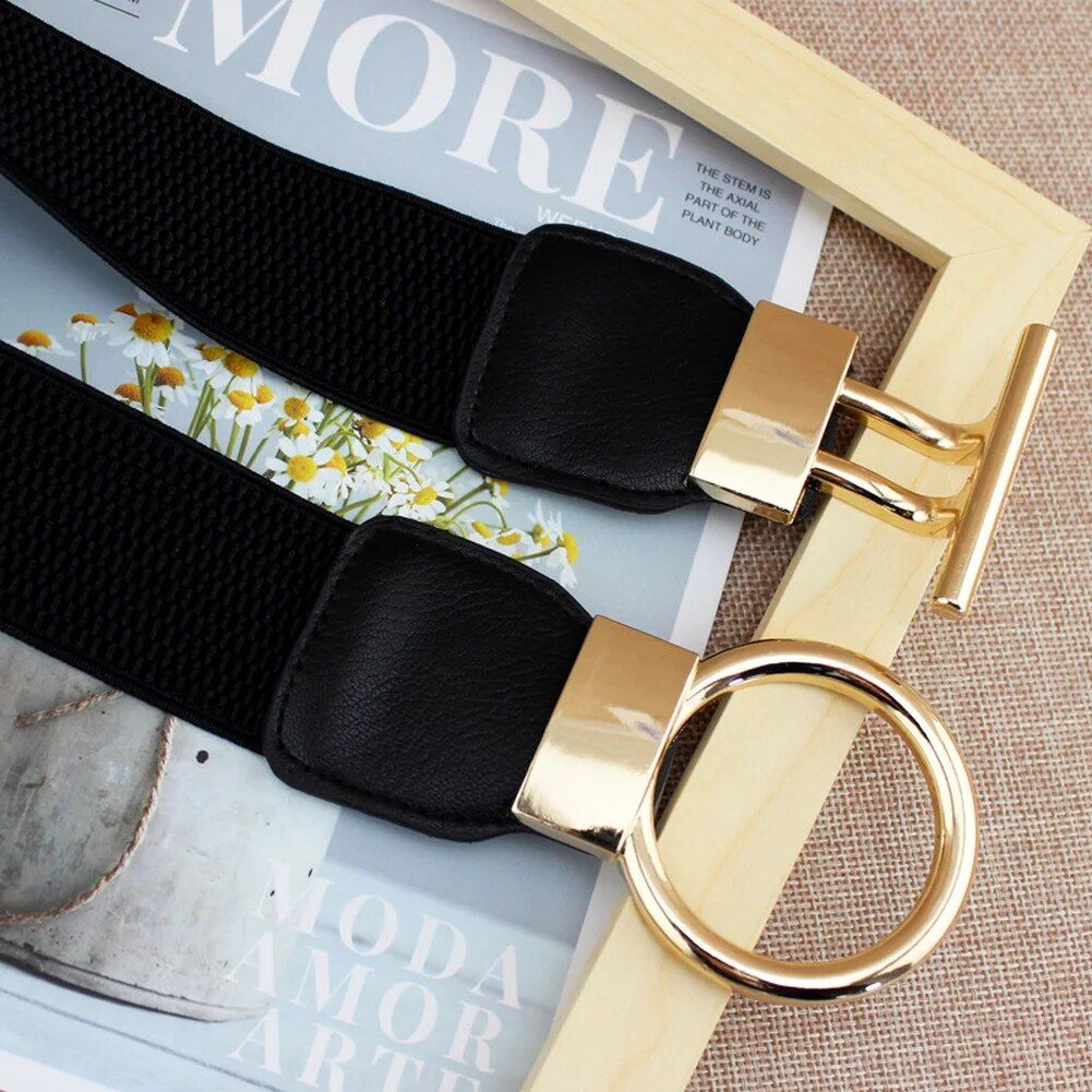 Elegant Elastic Fashion Belt for Women with Round Metal Buckle