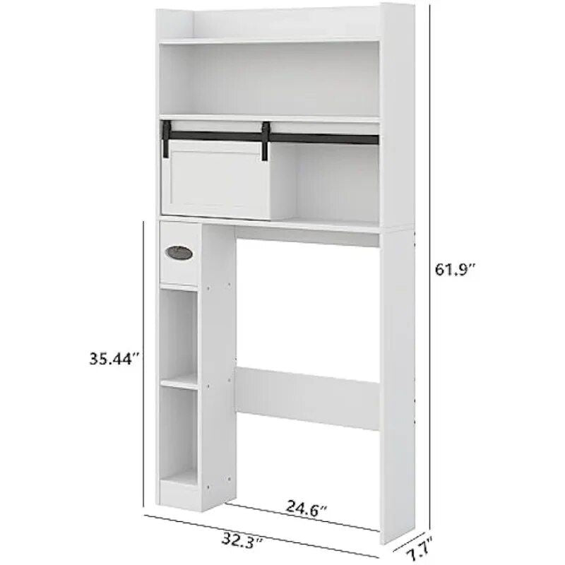 Elegant White 6-Tier Over-The-Toilet Storage Cabinet with Sliding Barn Door