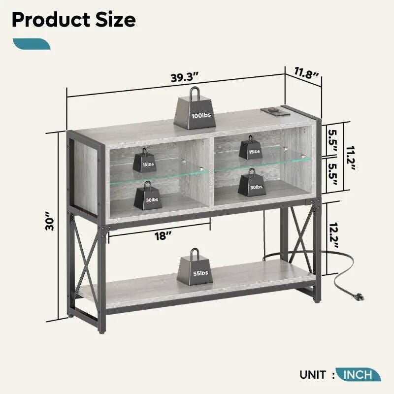 Multi-Functional Industrial Console Table with LED Lights and USB Charger