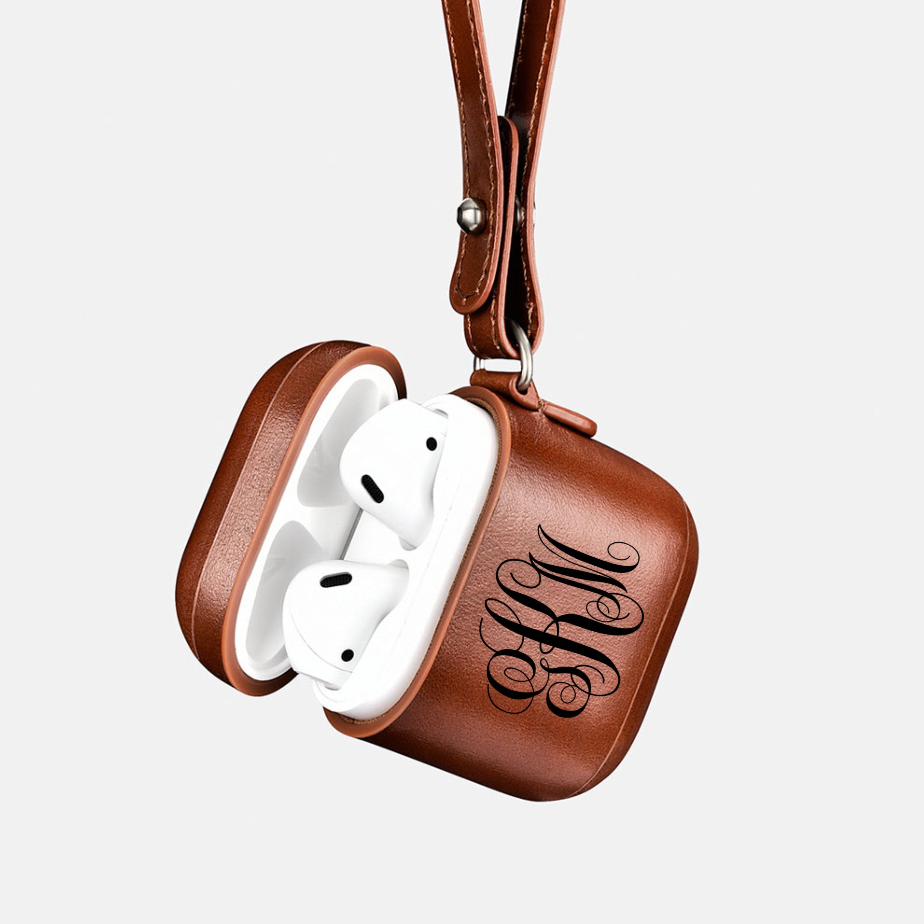 Custom AirPods 1 and 2 Case Black or Brown Leather with Keychain Strap